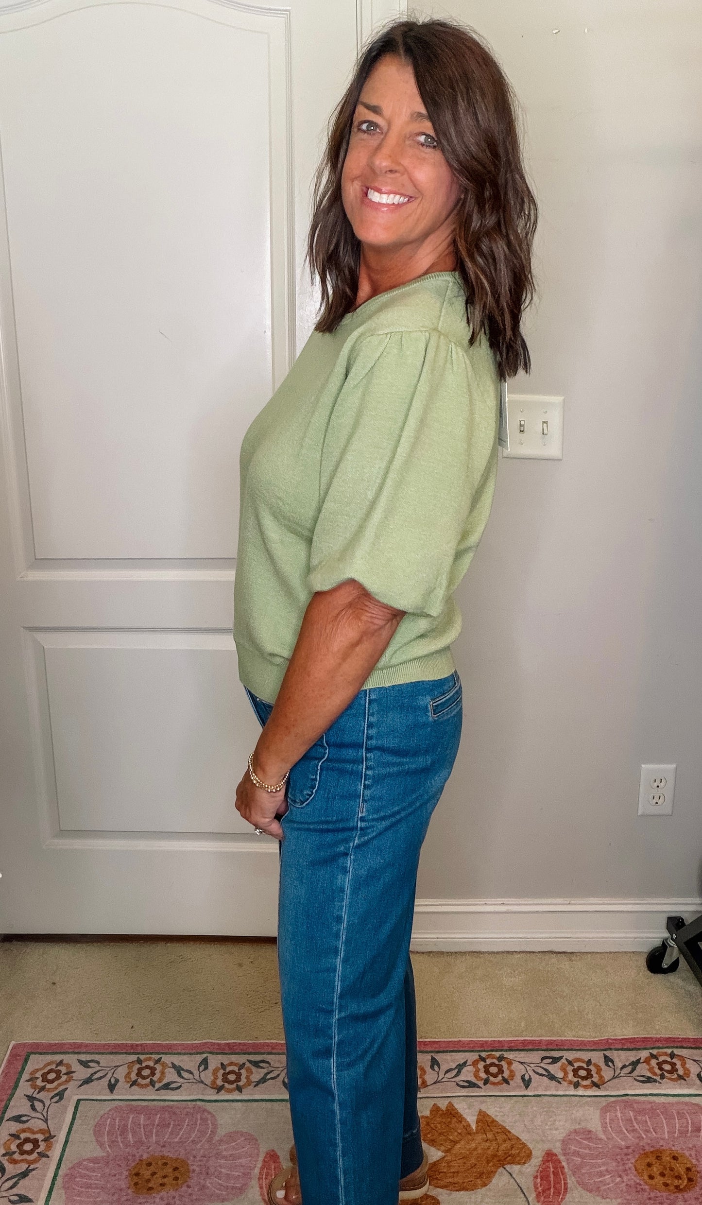 Maryann Solid Olive Knit Bubble Sleeve Top