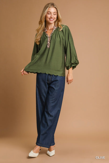 Olive Balloon Sleeve Blouse