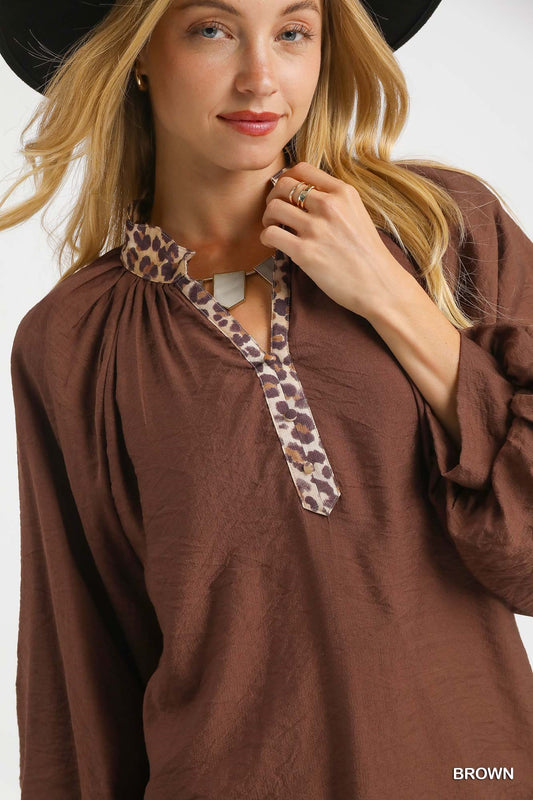 Brown Balloon Sleeve Blouse With Animal Print Trim