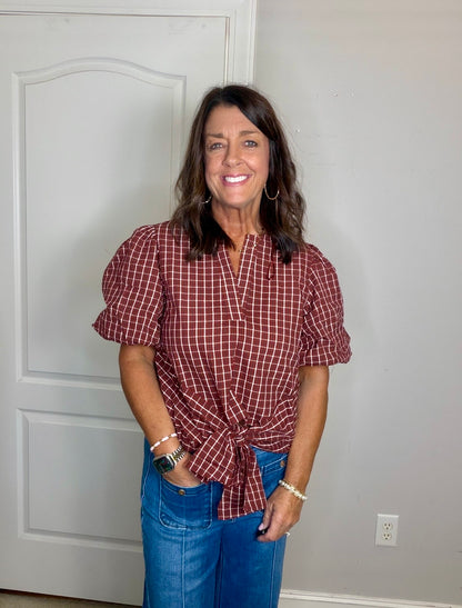 Plaid Tie Front Button Back Blouse in Vintage Red