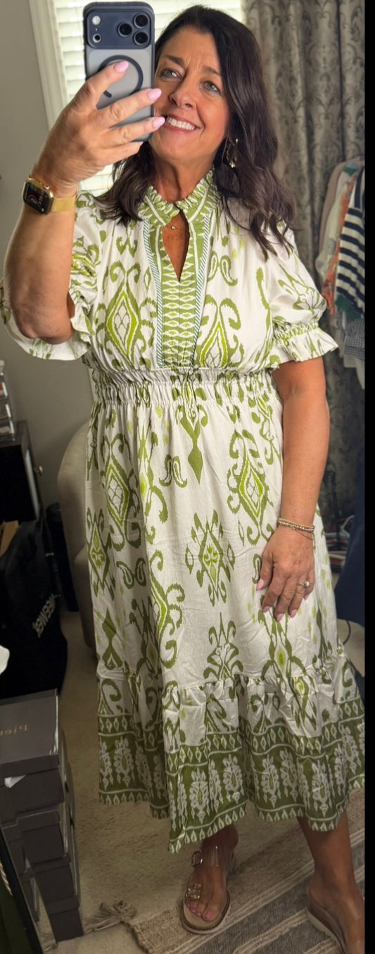 Olive Mix Print Smocked Waist Midi Dress