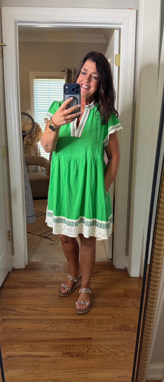 Color Block V Neck Tiered Mini Dress-Green