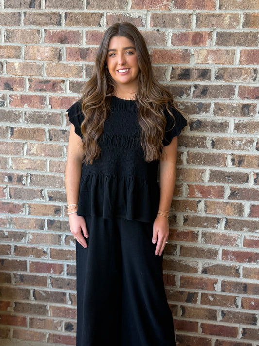 Linen Blend Scalloped Black Set