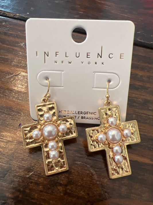 Pearl Gold Cross Earrings
