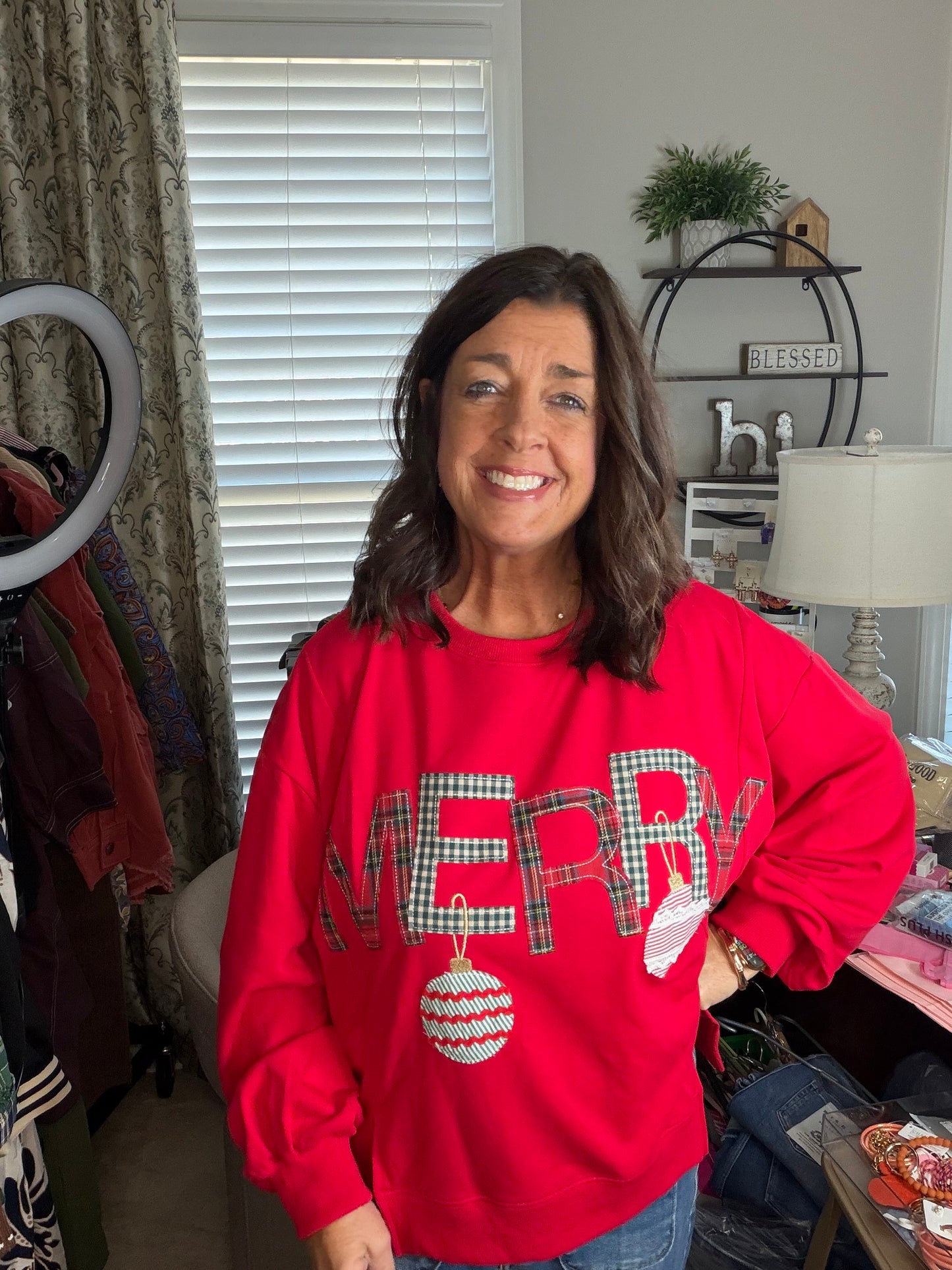 Merry Ornament Oversized Top-Red