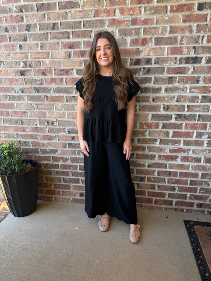 Linen Blend Scalloped Black Set