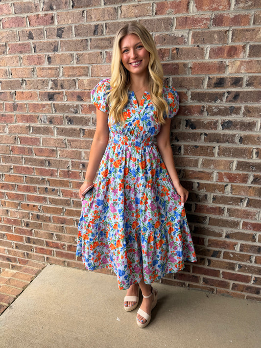 Blue Multi Flower Print Midi Dress