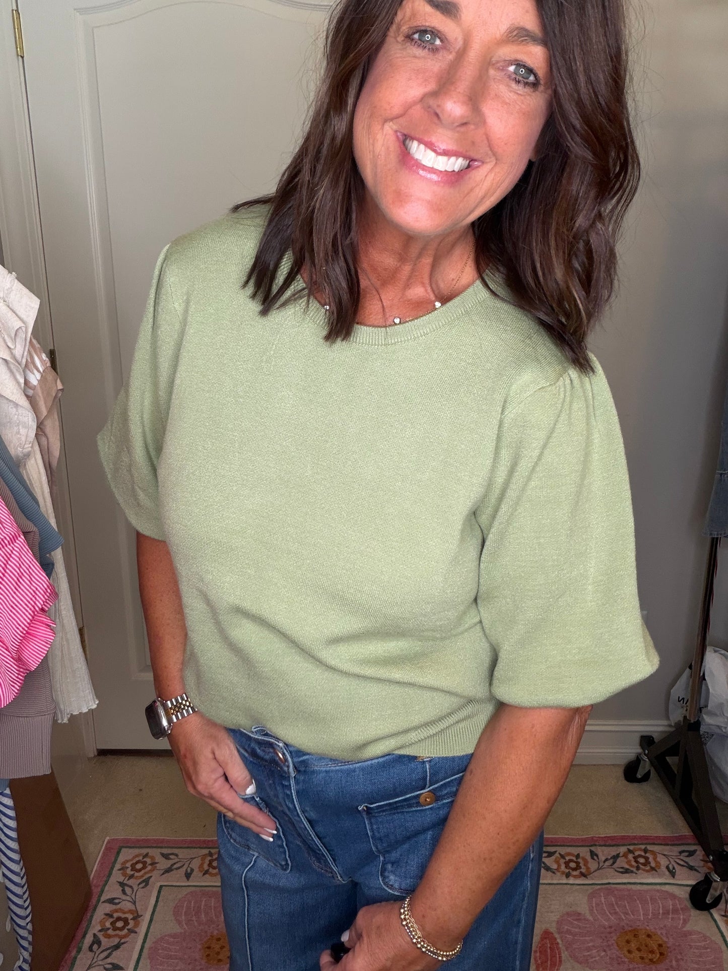Maryann Solid Olive Knit Bubble Sleeve Top