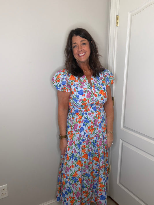 Blue Multi Flower Print Midi Dress