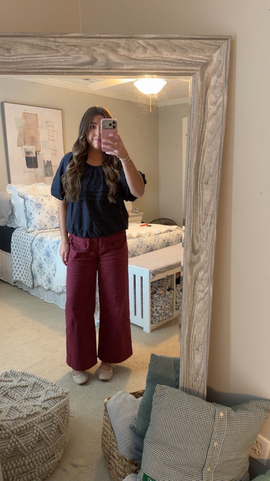 Burgundy Long Pants with Scallop Front Pockets
