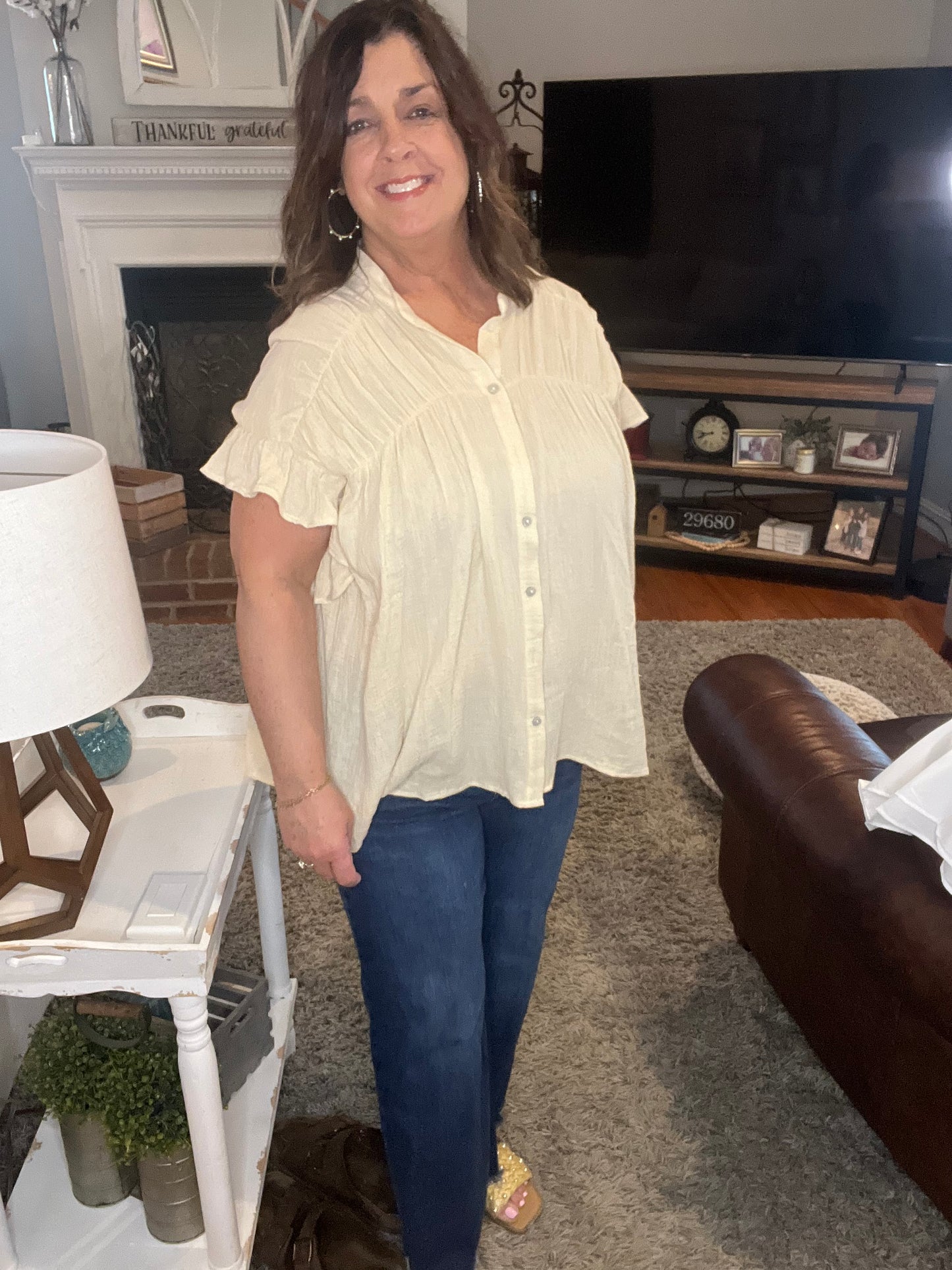 Loose fit Wrinkle Gauze Shirred Top-oatmeal