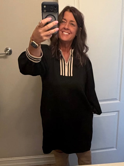 Stripe Contrast Detail Zip Up Casual Dress-Black