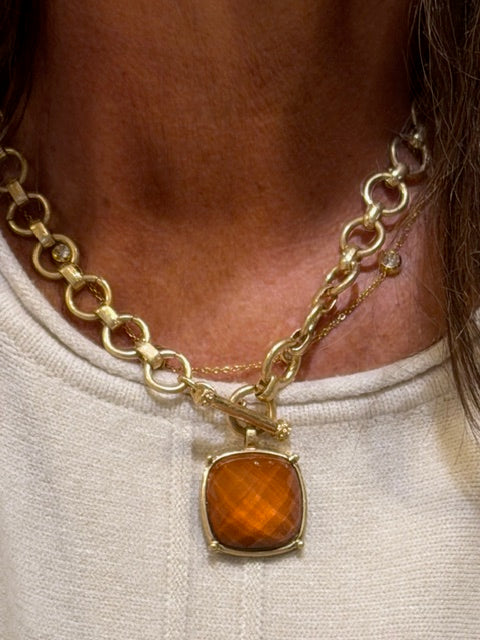 Square Stone Pendant Necklace Rust