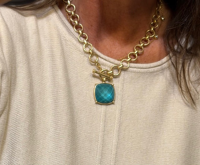 Square Stone Pendant Necklace Teal