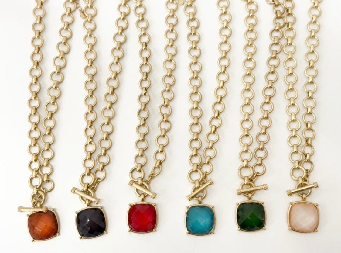 Square Stone Pendant Necklace Teal