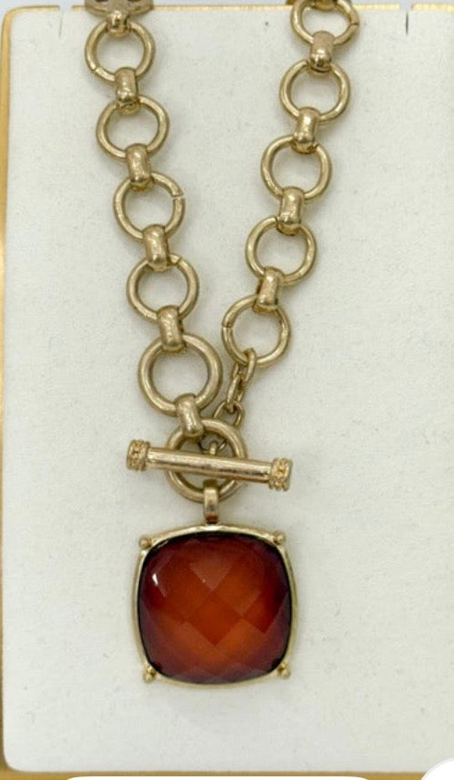 Square Stone Pendant Necklace Rust