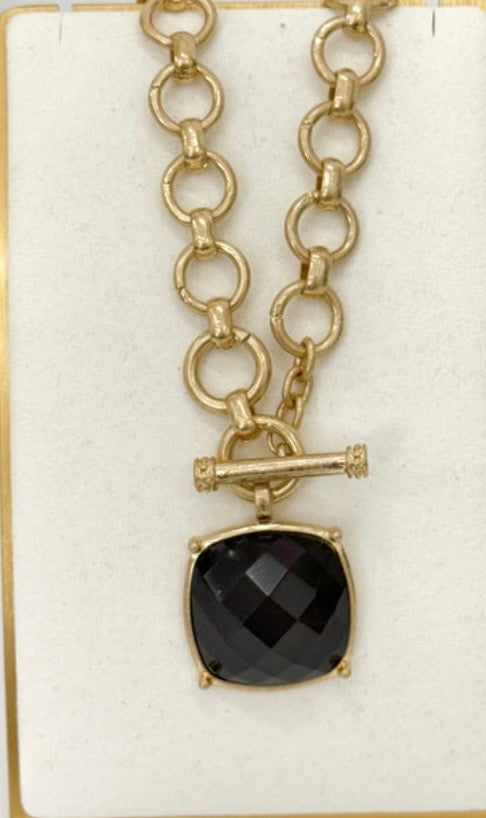 Square Stone Pendant Necklace Black