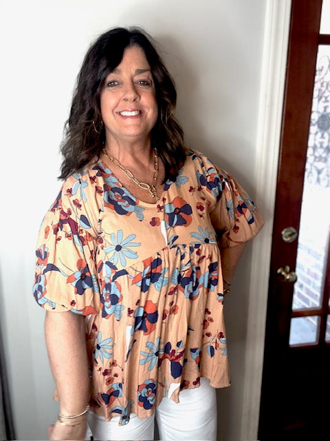 FLORAL PRINTED CHALLIS BABYDOLL TUNIC
