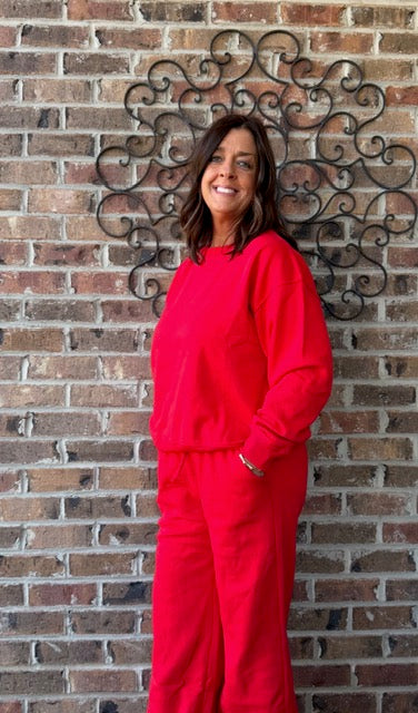 Fleece Long Sleeve Pullover & Sweatpants Red