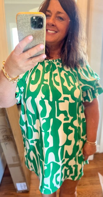 Geometric Print Loose Fit Mini Dress-Green