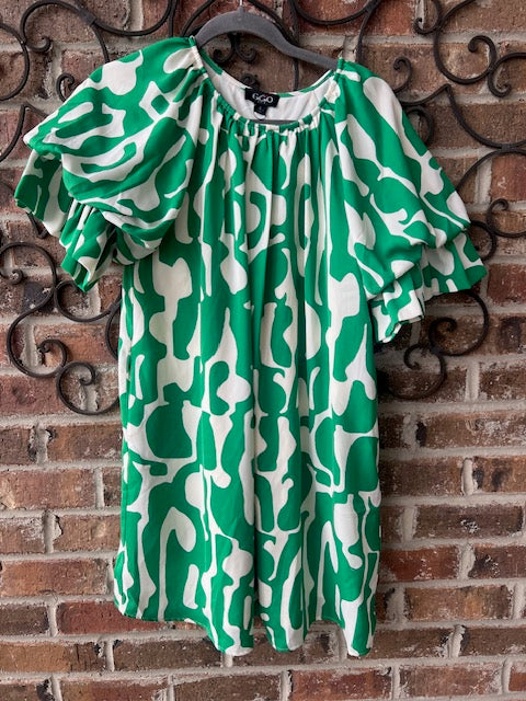 Geometric Print Loose Fit Mini Dress-Green
