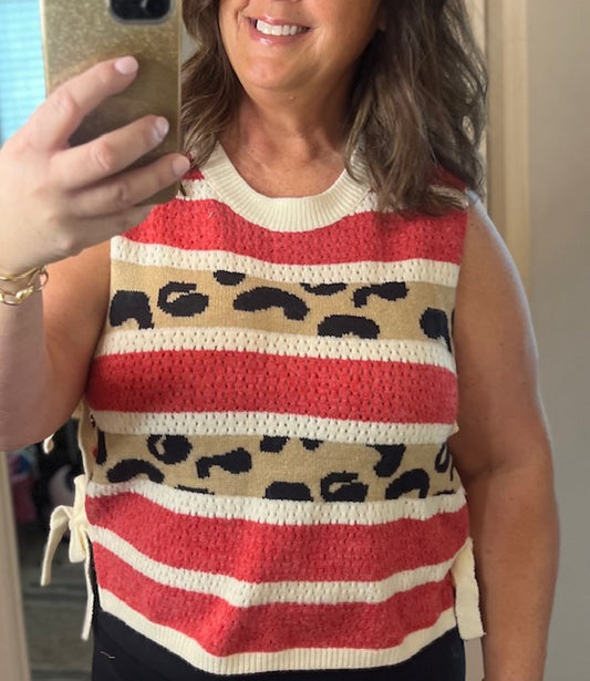 Red/leopard Side Tied Sweater Vest