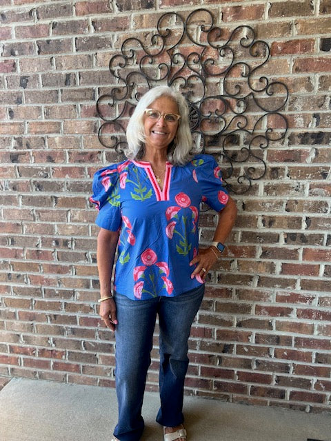 Blue Floral Pullover Top