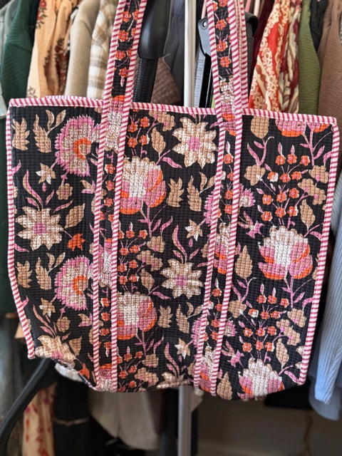 Black & Pink Floral Bag with Pink Stripes on hangles #109 PREORDER ONLY
