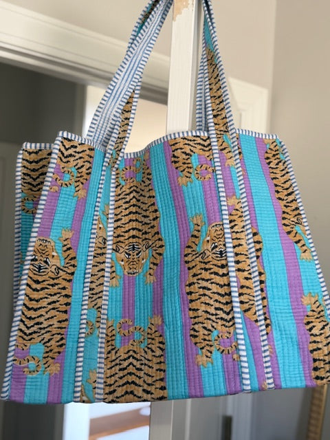Bag #113 Large Tiger Print with Teal & Purple Background