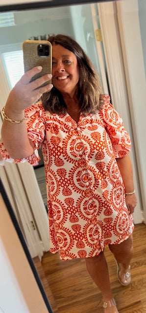 Orange/White Printed Dress with Peter Pan Collar