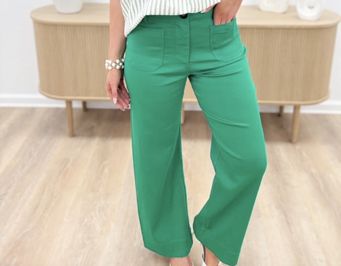 Front Pocket Button Detail Pants Island Green