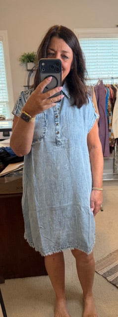 Frayed Short Sleeve Midi Shirt Dress