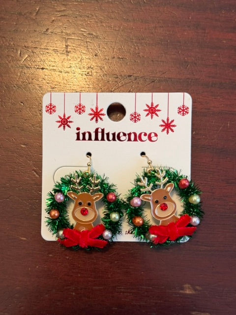 Christmas Wreath with Reindeer Earrings
