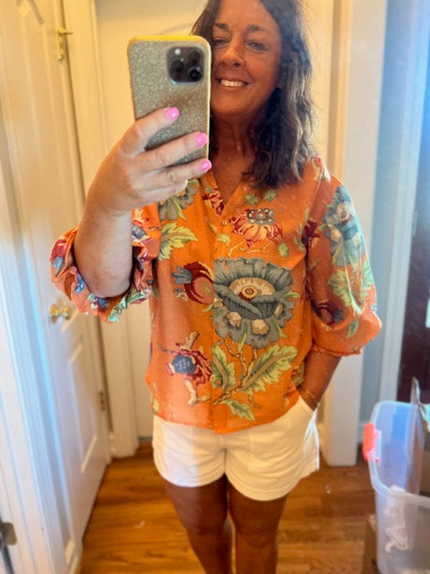 Coral Printed Button Down Top
