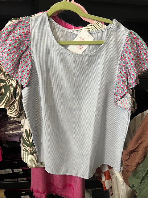 Pinstripe Top with Puff Sleeves