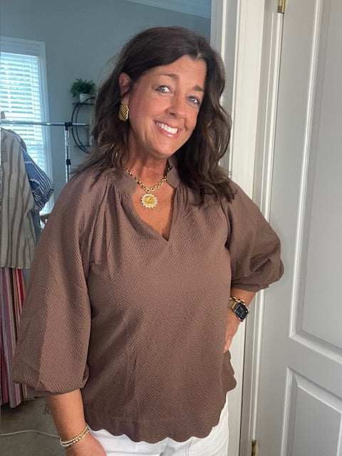 Brown Bubble Sleeve Top