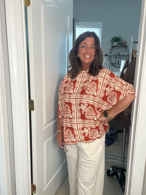 Brick Mix Printed Dolman Sleeve Blouse with a Scalloped Hem and Neck