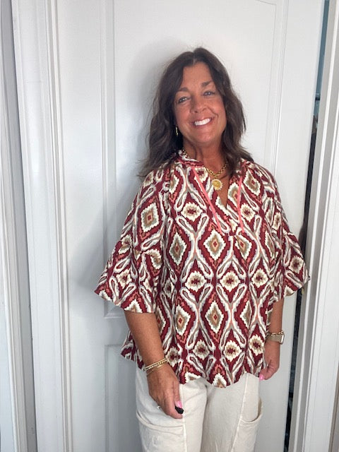 Boho Geo Print Ruffle Sleeve Top