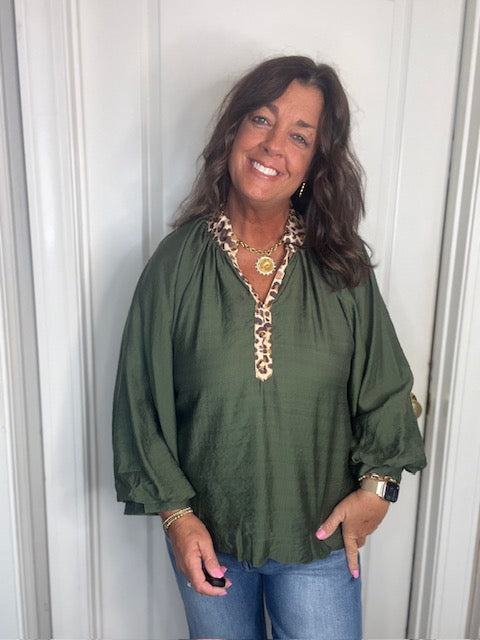 Olive Balloon Sleeve Blouse
