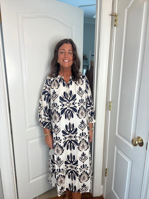 Mixed Abstract Floral Print Midi Dress