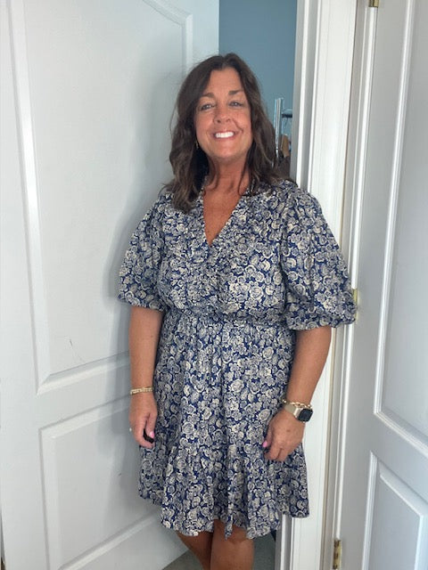 Navy Balloon Half Sleeve Floral Print Mini Dress
