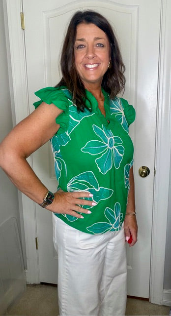 Ruffled V Neck Large Floral Embroidered Top Green