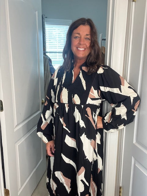 Black Chest Smocking Print Midi Dress