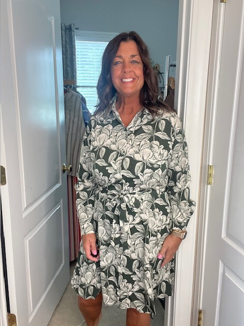 Olive Long Sleeve Printed Dress
