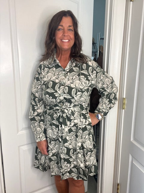 Olive Long Sleeve Printed Dress