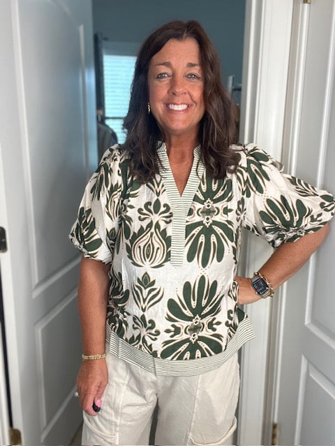 Olive Bubble Sleeve Printed Top