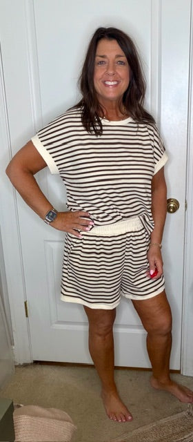 Khaki Striped Short Sleeve Top & Shorts Lounge Set