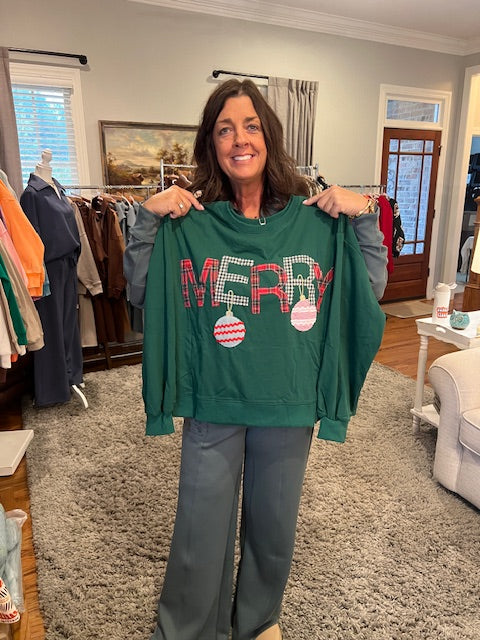 Merry Ornament Oversized Top-Green