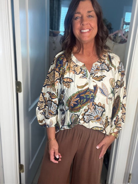 Cream Boho Paisley Puff Sleeve Blouse