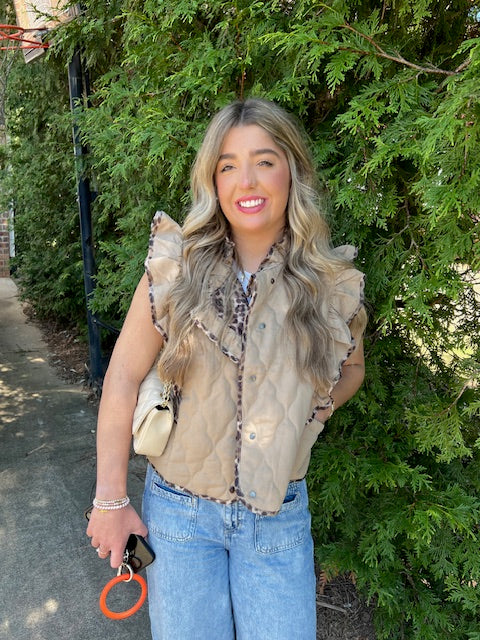 Quilted Ruffe Vest with Leopard Trim